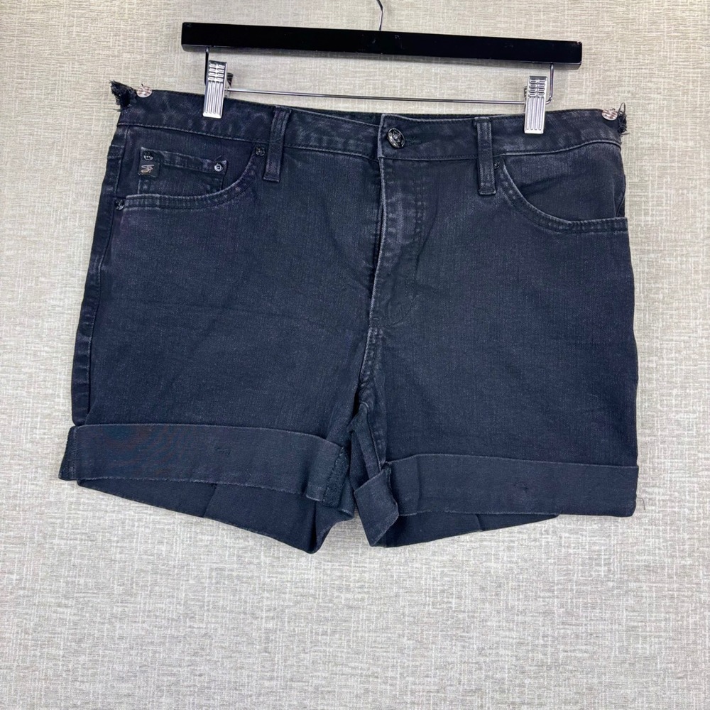 Seven7 Womens Size 10 Black Cuffed Denim Shorts Stretch Raw Edge Waist